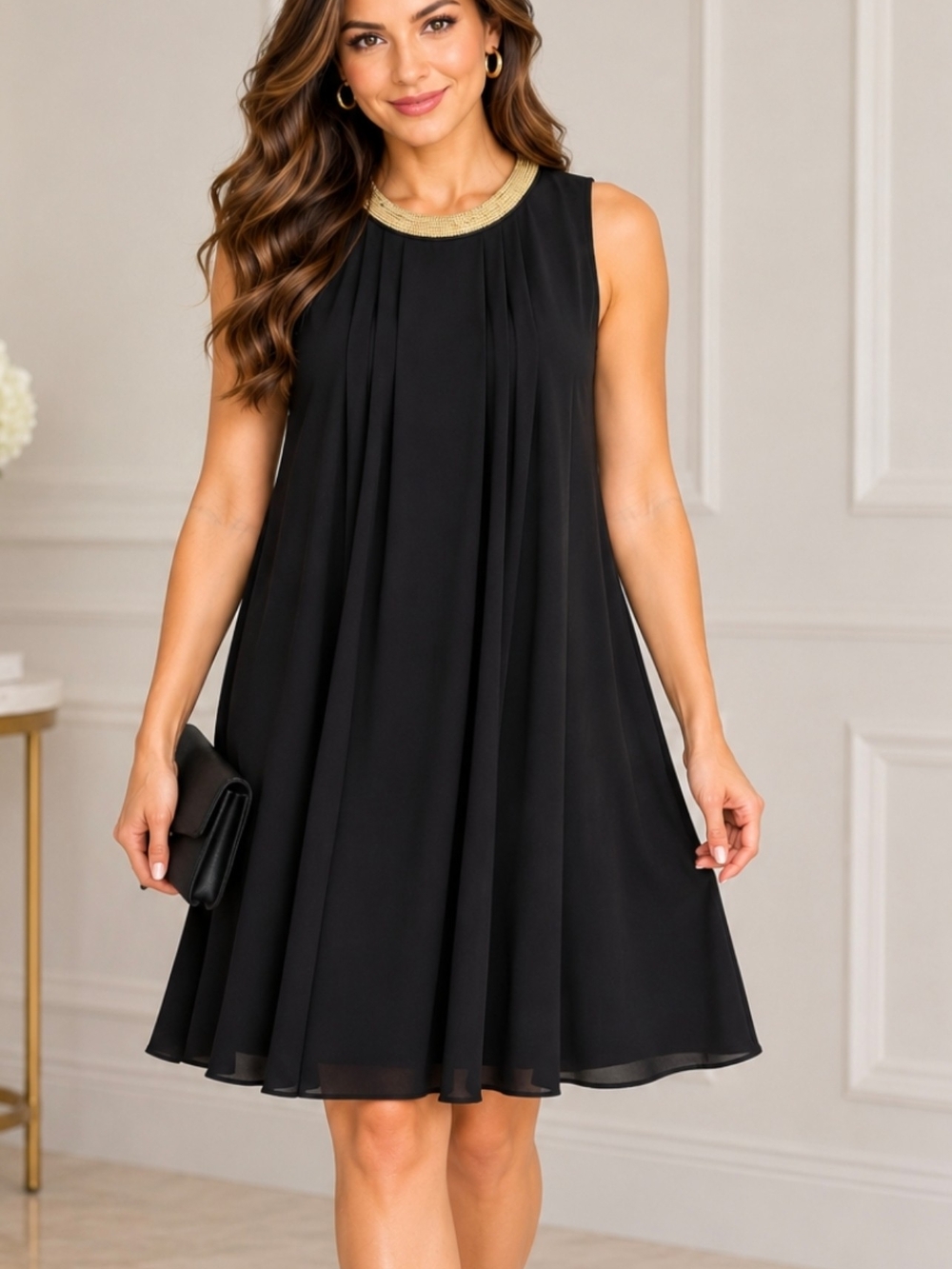 SPENSE Black Sleeveless A Line Dress Gold Beaded Neckline Size 10